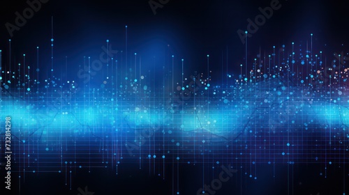 data visualization hi-tech futuristic illustration horizontal banner in blue neon color palette with dots connected on black background. Crypto trading. 