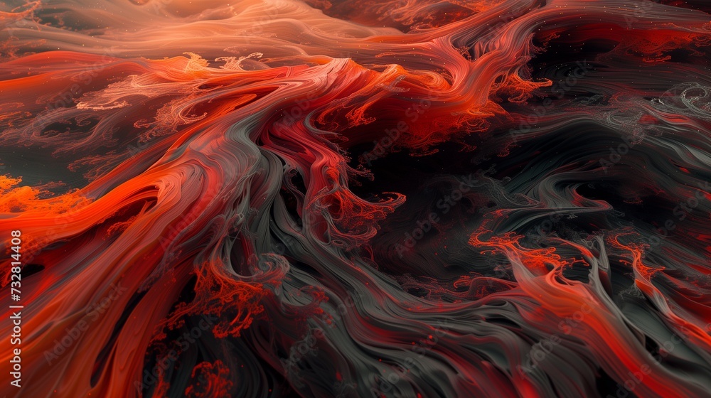 Abstract digital art depicting fiery swirls in red, orange, and black, resembling fluid lava flows