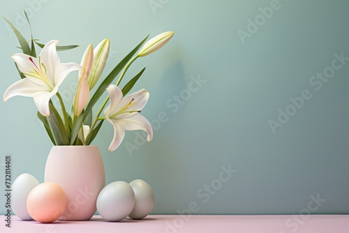 bouquet og lilies and Easter eggs in pastel mint pink  color palette copy space left