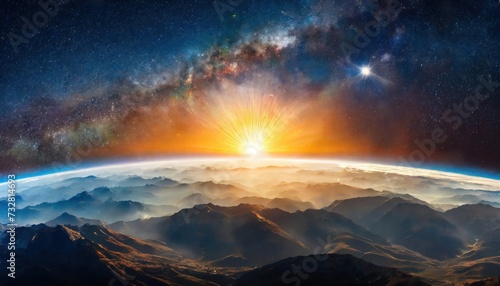 panoramic view of the earth sun star and galaxy sunrise over planet earth  view from space