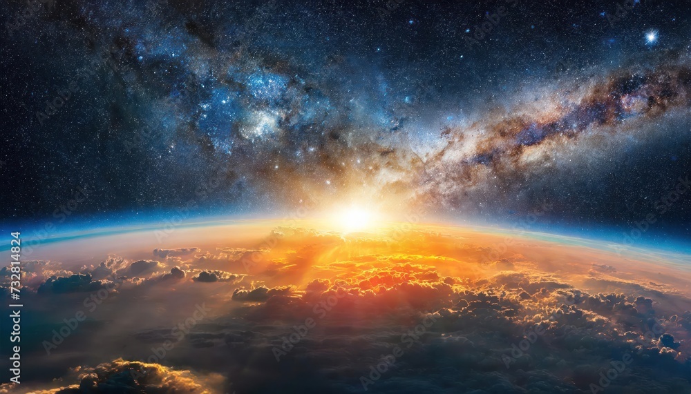 Fototapeta premium panoramic view of the earth sun star and galaxy sunrise over planet earth, view from space
