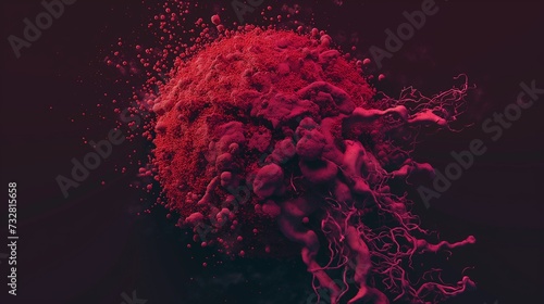 Microcosmic explosion of red and pink particles, resembling a celestial event or biological phenomenon