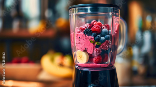 Closeup of a black electric blender mixer device standing on a kitchen table, filled with healthy and fresh fruits, strawberries, banana and berries, pink smoothie vegan liquid meal or detox drink photo