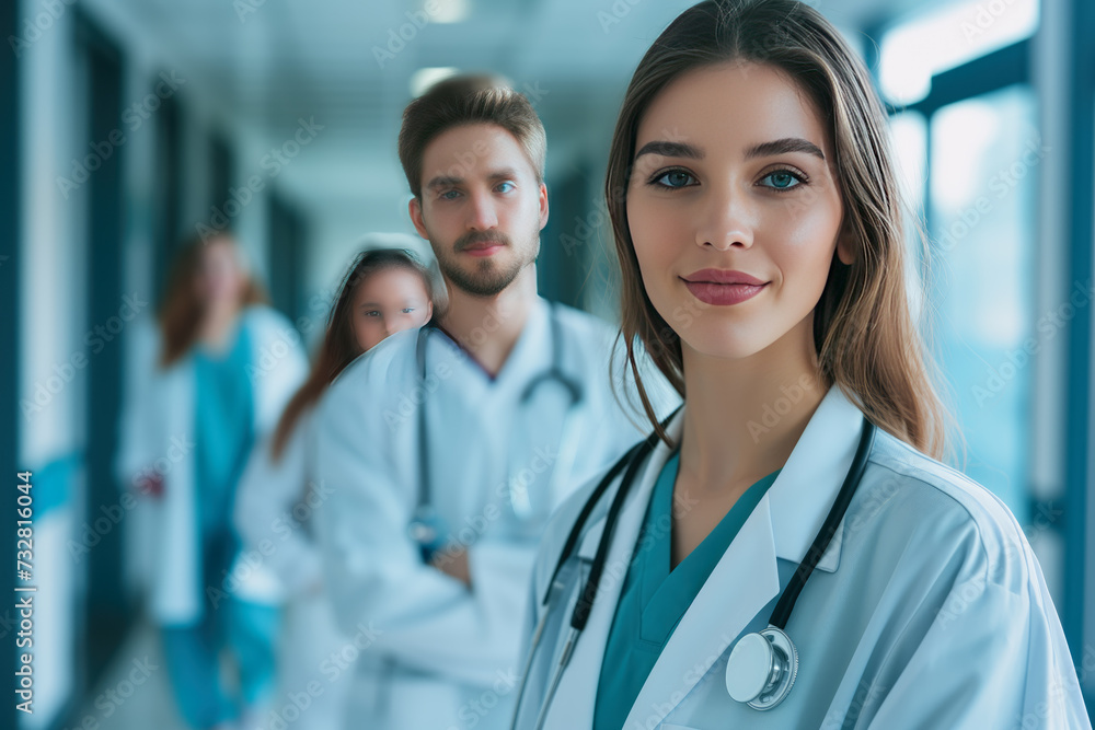 A girl doctor and several medical professionals in the background in the hospital corridor A girl doctor and several medical professionals in the background in the hospital corridor