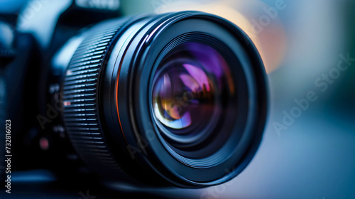 Closeup macro photography of a professional optical camera lens glass shutter with reflection. Focus equipment objective for photographers