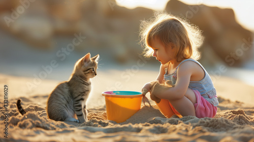 Child and Cat Enjoying a Sunny Beach Day. little girl and kitten