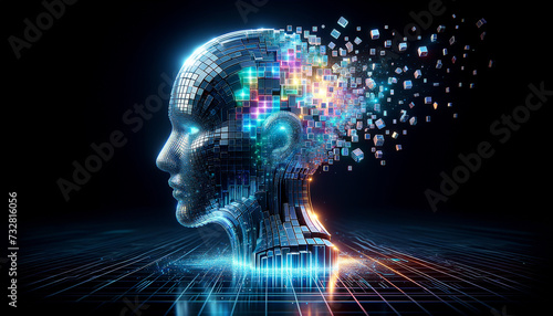 Dynamic Digital Disintegration: Futuristic AI Construct Breaking Apart in Neon Blue