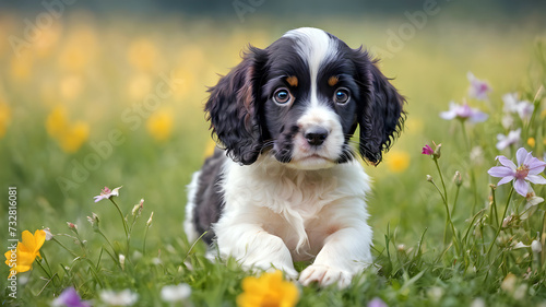 Spaniel puppy in the grass among flowers photo