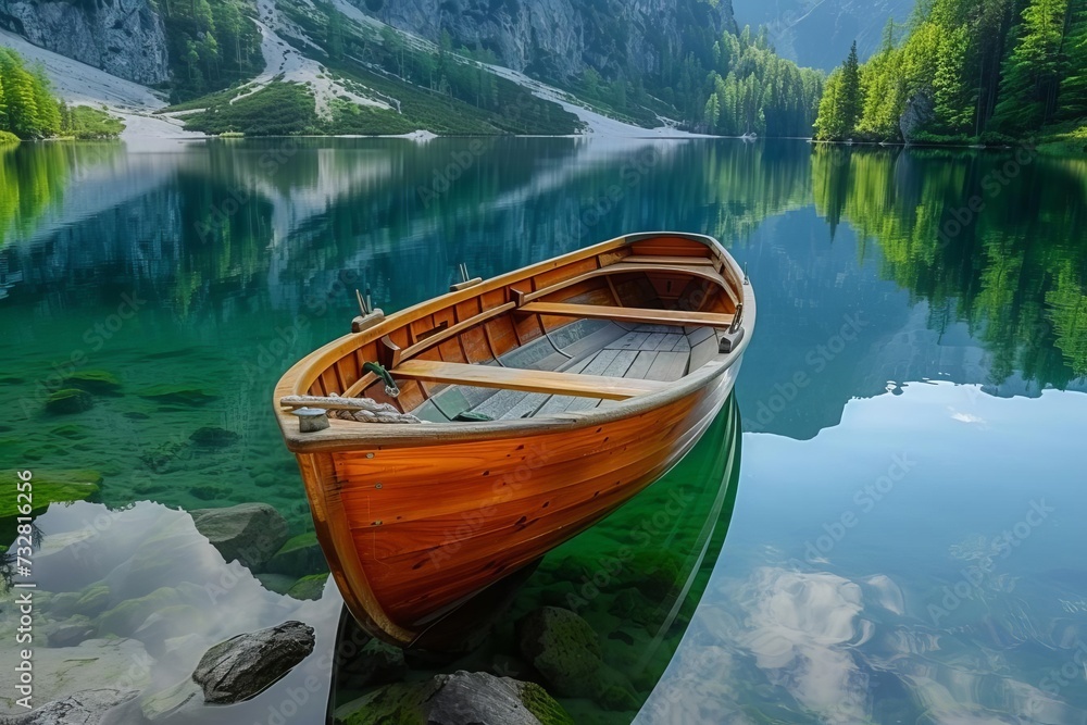 Boat on the lake. serene and picturesque scene Perfect for tranquil moments and nature's beauty.