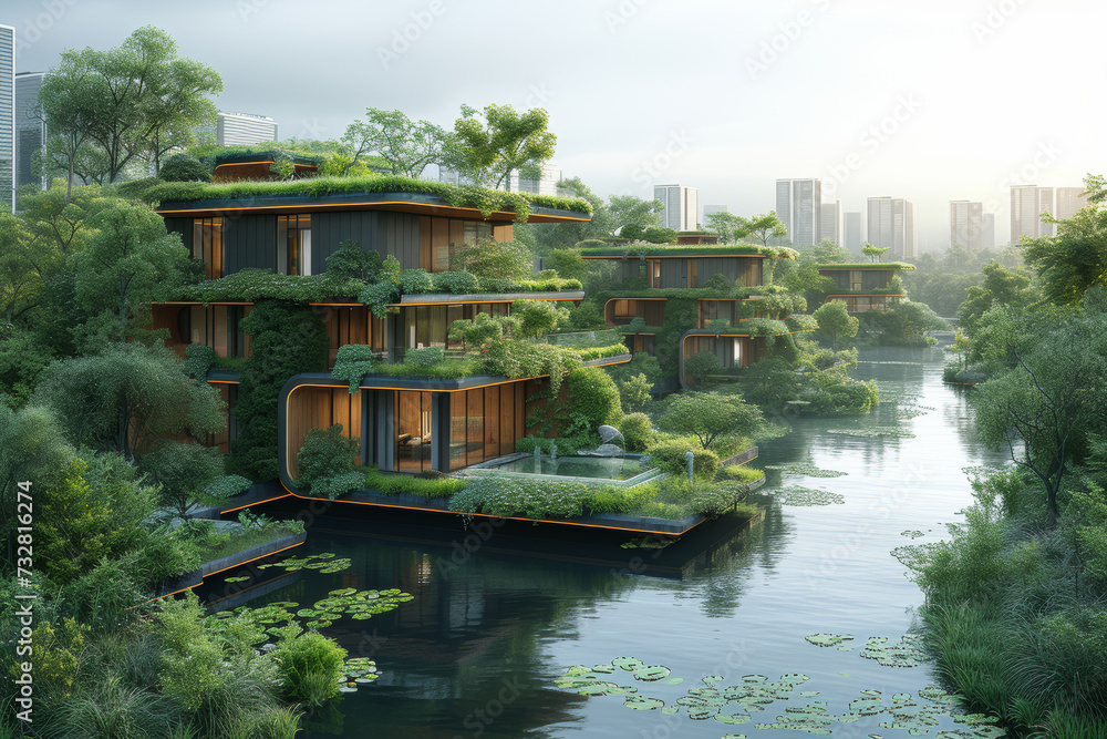 A real estate company focusing on eco-friendly building designs and sustainable urban planning to create environmentally conscious communities. Concept of sustainable real estate. Generative Ai.