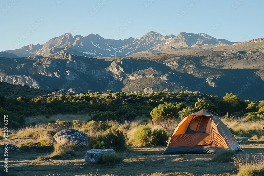Camping scene in pristine wilderness Early morning light Tent setup with a view of majestic mountains