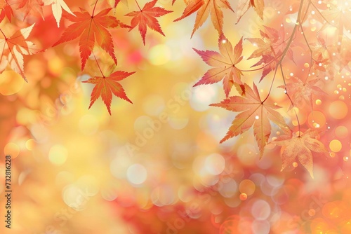 Autumn web banner Seasonal end-of-year activities Red and yellow maple leaves Bokeh background
