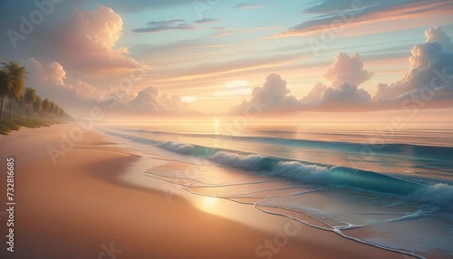 Serene Beach at Dawn with Soft Pastel Sky and Gentle Waves - Generative AI