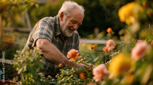 Old man flower gardening, happy retirement relaxing lifestyle.