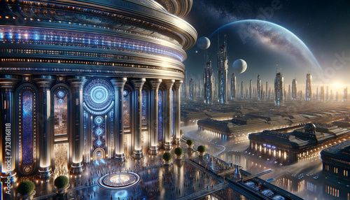 Majestic galactic empire with gleaming architecture and joyful citizens.