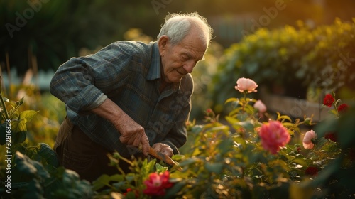 Fototapeta Naklejka Na Ścianę i Meble -  Old man flower gardening, A senior man tending to his garden in the soft glow of dawn, his weathered hands gently pruning roses, 