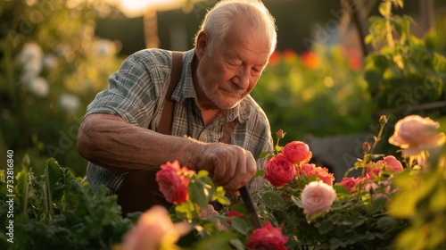 Old man flower gardening, A senior man tending to his garden in the soft glow of dawn, his weathered hands gently pruning roses, Old Gardener 