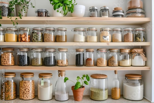 Home organization and storage Tidy pantry shelves Kitchen design and interior concept © Bijac