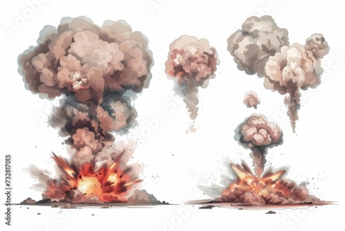 Nuclear explosions set Mushroom clouds isolated Power and destruction concept