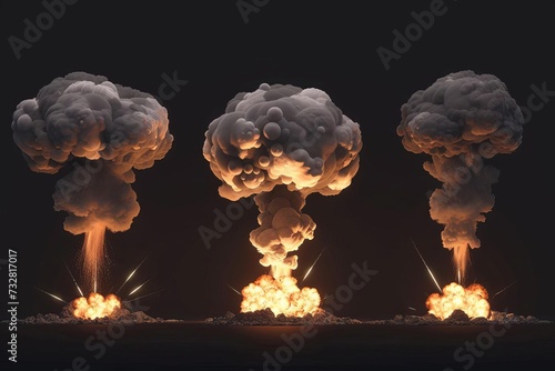 Nuclear explosions set Mushroom clouds isolated Power and destruction concept photo