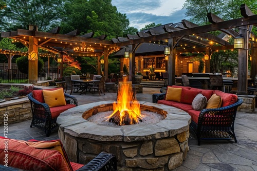 Outdoor seating area around a fire pit. cozy and luxurious ambiance for gatherings and relaxation