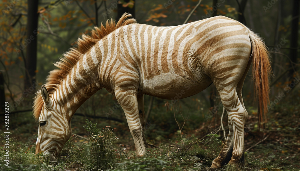 A unique zebra-horse hybrid with unusual cream and brown stripes grazes peacefully in a forested area with autumnal trees in the background A unique zebra-horse hybrid with unusual cream and brown stripes grazes peacefully in a forested area with autumnal trees in the background