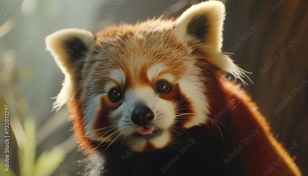 An adorable red panda peeks curiously at the camera, its tongue playfully sticking out, against a softly blurred background lit by warm sunlight An adorable red panda peeks curiously at the camera, its tongue playfully sticking out, against a softly blurred background lit by warm sunlight
