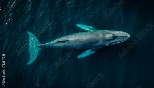 A serene blue whale glides through the ocean depths, its massive form casting a graceful silhouette against the tranquil underwater world