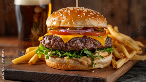 Satisfy Your Cravings with this Double Smash Burger Feast: A Tower of Cheesy Delights Served with Golden Fries and a Refreshing Beer