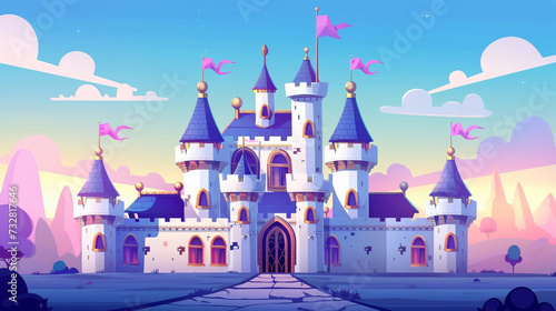 Enchanting Royal Castle in Winter Wonderland: A Magical Illustration of a Majestic Fortress with Snowy Towers, Windows and Gates for Children's Books or Games