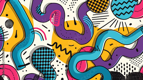 Abstract Squiggles: Memphis Style Decoration with Vibrant Colors and Geometric Shapes