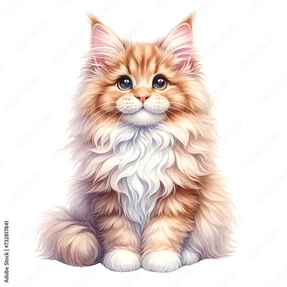 Cute isloated  watercolor cat breed clipart of Maine Coon cat
