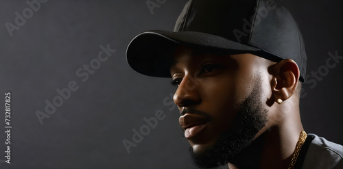 Close up portrait of a stylish rapper wearing a baseball cap and a golden chain. Copy space photo