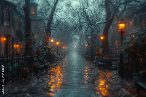 A film photo of an old street at dawn, with the soft light creating a moody, atmospheric scene. Concept of film photography capturing the mood of urban landscapes. Generative Ai.