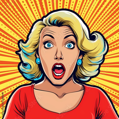 Vintage Pop Art Style Illustration of Surprised Woman with Open Mouth