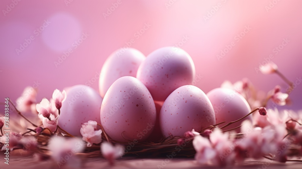 pink easter eggs in a nest with flowers on pink background. for easter add