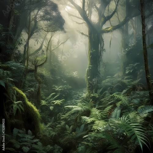 Enchanted Misty Forest with Lush Green Foliage and Ethereal Light