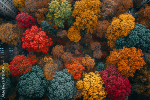 A drone photograph of a city park in autumn, with trees forming a tapestry of fall colors. Concept of urban green spaces and their seasonal transformations. Generative Ai.