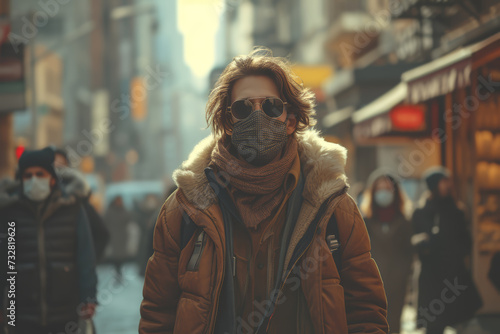 A candid street shot of people in a bustling city, all wearing masks, highlighting the new normal in urban settings. Concept of adaptation and resilience in city life. Generative Ai.