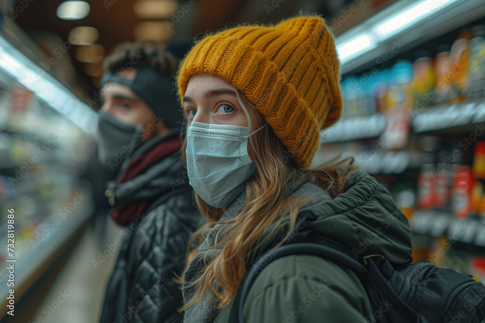 A candid shot of shoppers in a grocery store, all masked, depicting the mundane yet surreal new normal. Concept of everyday life and public health awareness. Generative Ai.