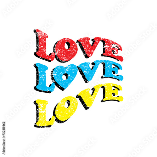 Love. Written three times in red, blue and yellow. Vector for silkscreen, dtg, dtf, t-shirts, signs, banners, Subimation Jobs or for any application.