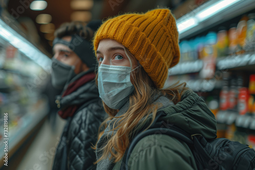A candid shot of shoppers in a grocery store, all masked, depicting the mundane yet surreal new normal. Concept of everyday life and public health awareness. Generative Ai.