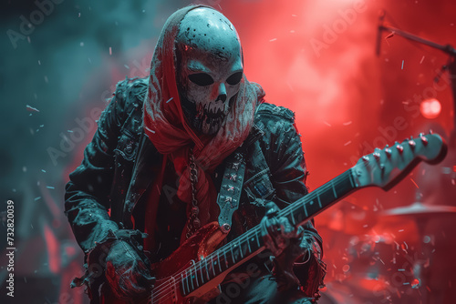 A masked musician performing in a live-streamed concert, illustrating the shift in entertainment formats. Concept of digital adaptation in the music industry. Generative Ai.