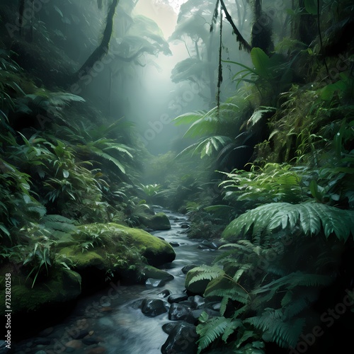 Enchanted Rainforest Stream with Lush Greenery and Mist