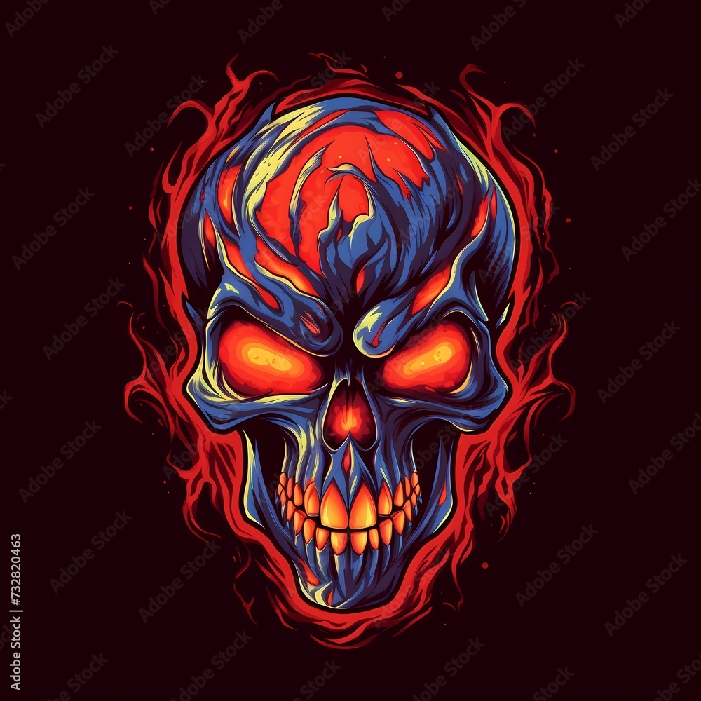 Fiery Skull with Vibrant Flames on Dark Background - Illustration