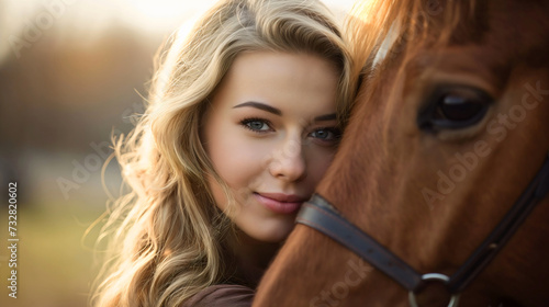 A beautiful young woman with blonde hair standing on the farm field, hugging and petting the brown domestic horse animal, smiling and looking at the camera. Female person and stallion friendship