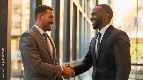 Two Businessmen handshake representing cooperation in their businesses, African American and Caucasian business people in elegant suits, new client negotiation, contract partnership photo