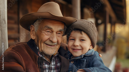 Old grandpa and his cute little grandson, male child, grandchild with grandparent, both of them are smiling, kid looking at the camera, happy family, bonding together outdoors, grandfather