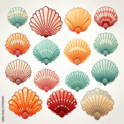  Stylized colorful seashells drawing pattern illustration. Art paints seashells ornament  shell print for printing on paper or fabric. Royal shell drawing. Sea pattern from cartoon seashells.