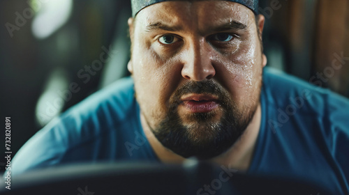Overweight fat man with beard running treadmill machine in the gym, male doing cardio workout indoors or inside, losing weight, get in shape and build a fit body, healthy lifestyle, burning calories photo